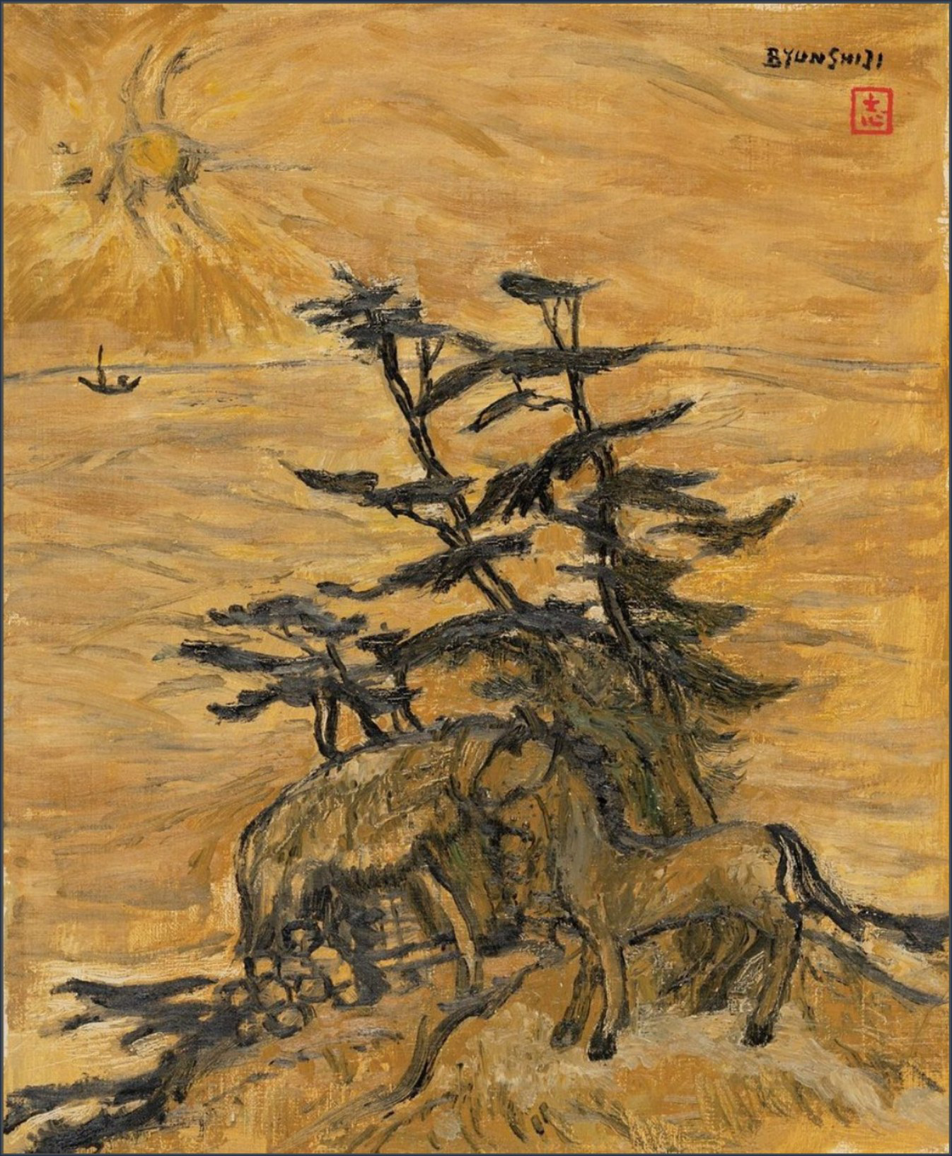 A black pine, two horses and a distant boat inhabit an intense yellow field that exposes every being to the same sun and wind.