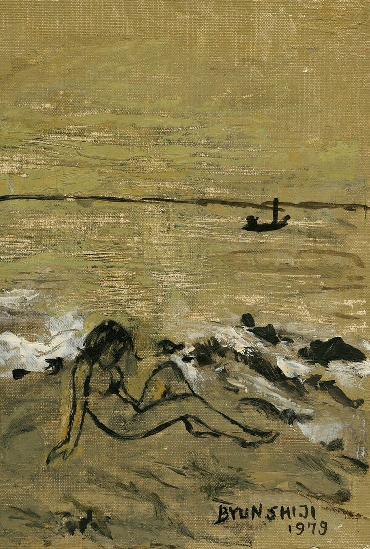 Near breaking white waves, a woman diver reclines at an angle; body, sand and sea yield their boundaries within one weathered light.