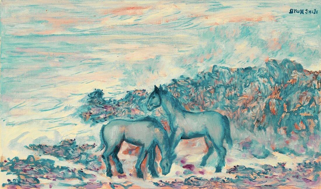 Two Jeju ponies stand close in blue and apricot light: one raises its head toward the distance, while the other lowers its head toward the ground.