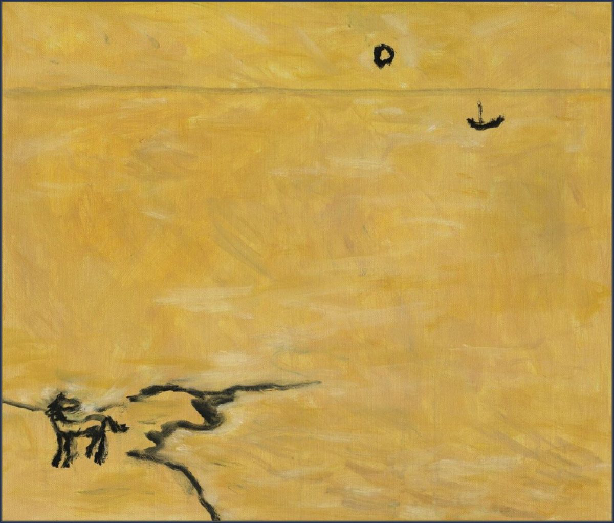 Within a broad dried field of light, a horse, black sun, small boat and coastline remain in minimal lines; forms are reduced, but their relations persist.