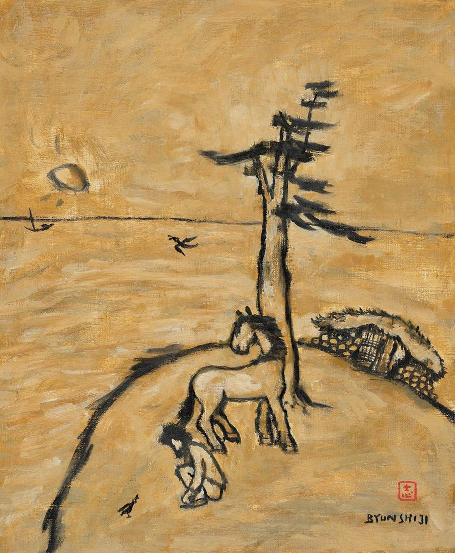 Byun Shi-Ji (변시지), Dialogue, 1986, painting from the middle Jeju period, shaped by wind and dried-grass colour.