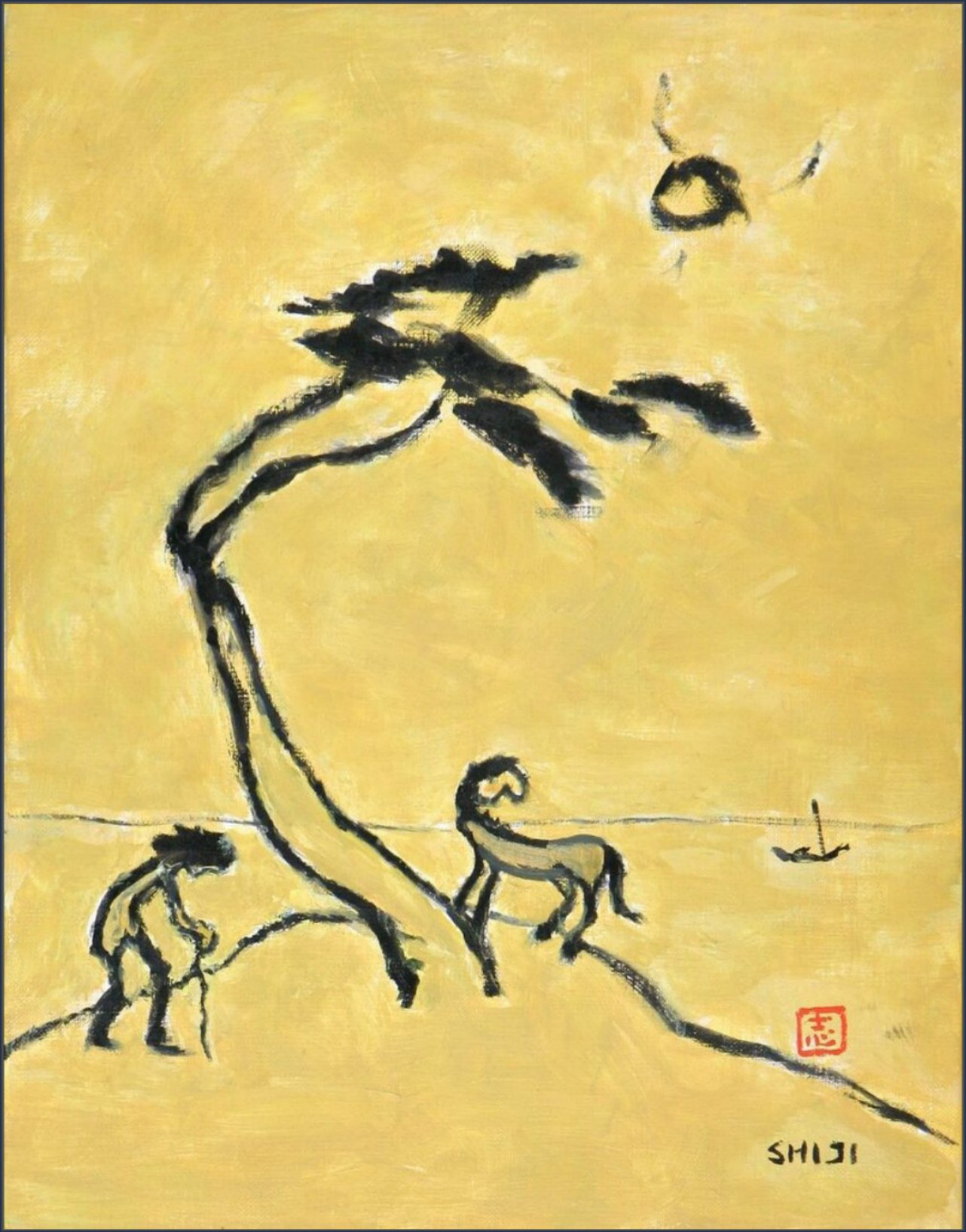 Byun Shi-Ji (변시지), The Tree That Reaches Toward the Sky, 2007, painting from the late Jeju period, shaped by wind and dried-grass colour.