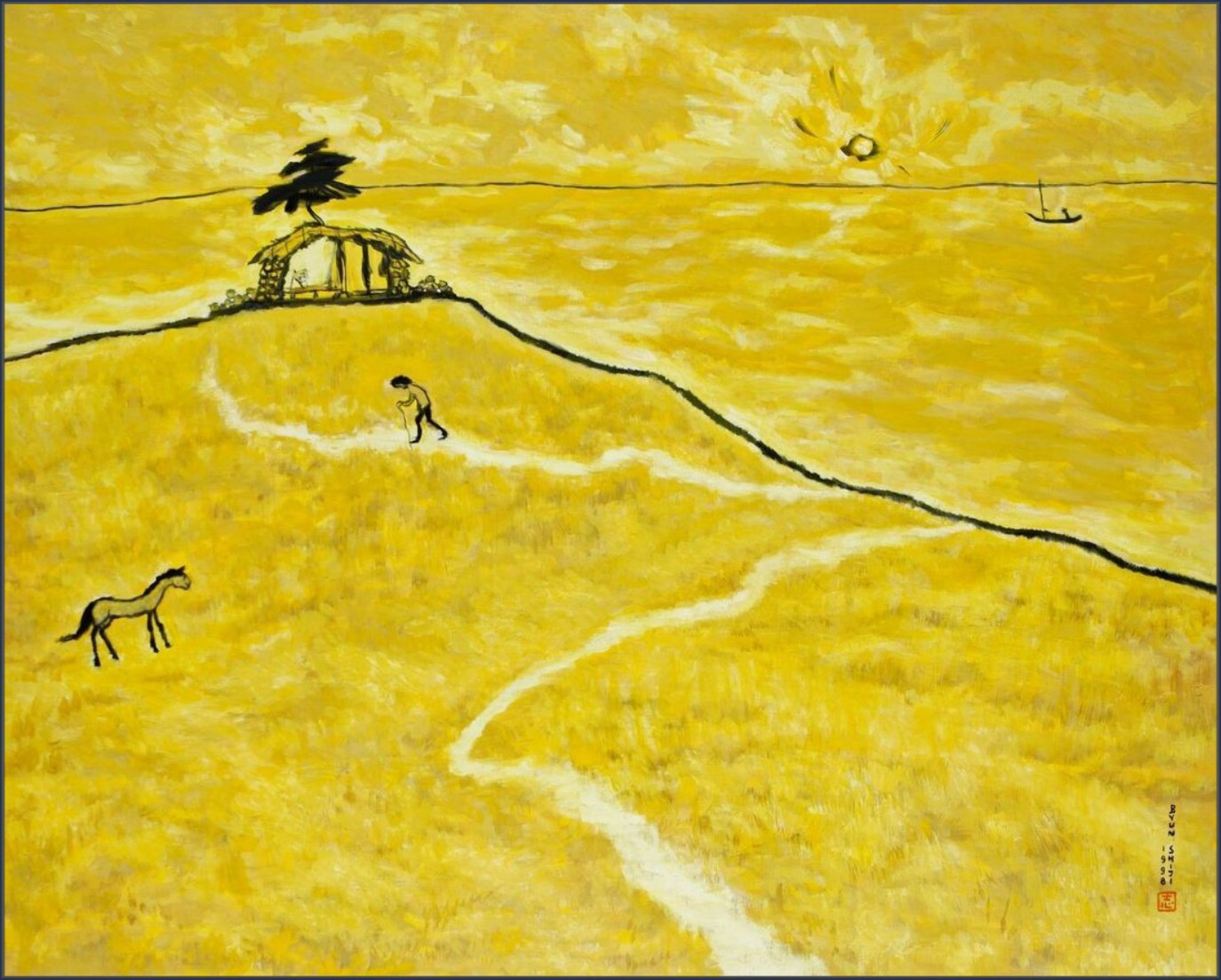 Byun Shi-Ji (변시지), The Path Rejoined, 1998, painting from the late Jeju period, shaped by wind and dried-grass colour.