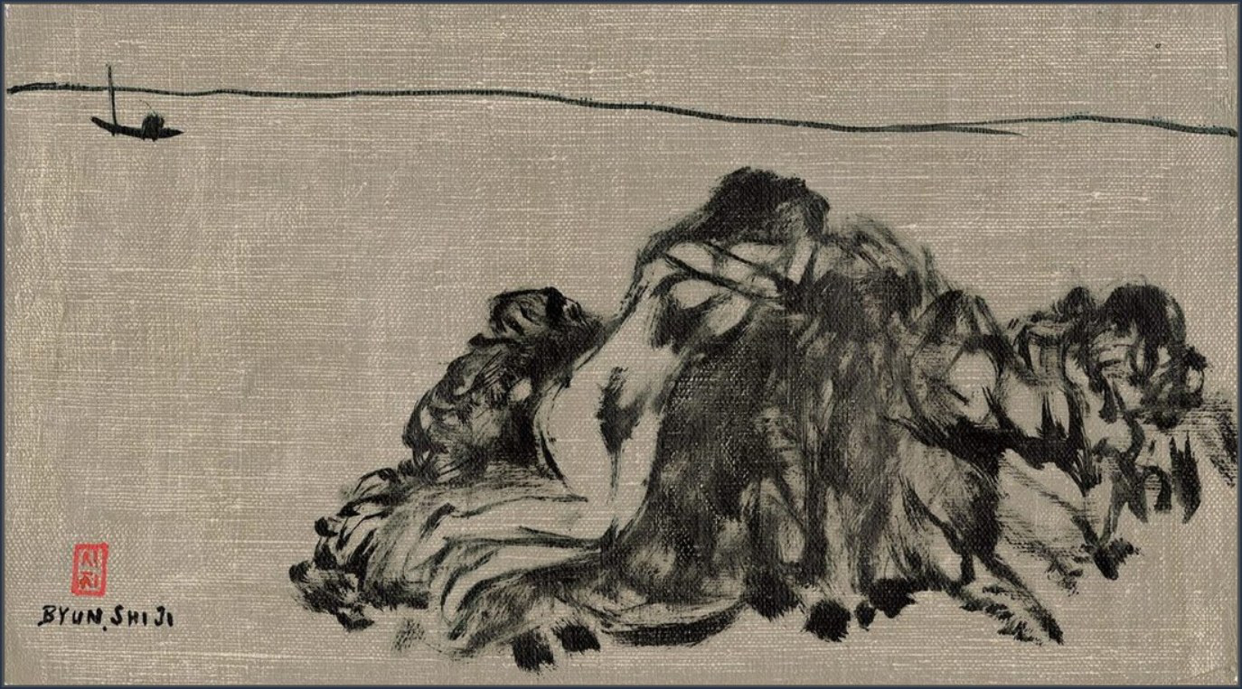 Byun Shi-Ji (변시지), The Sea Is the Haenyeo’s Tears, 1979, painting from the early Jeju period, shaped by wind and dried-grass colour.