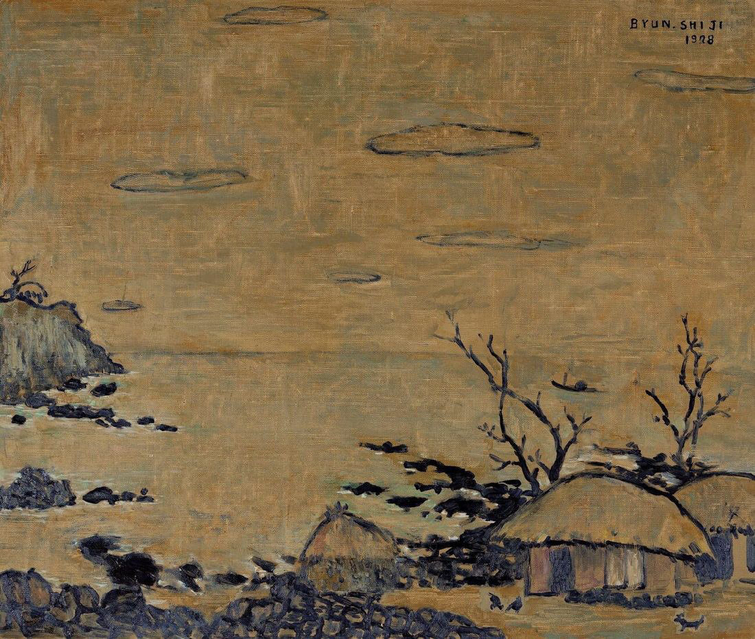 Byun Shi-Ji (변시지), Sea Village, 1978, painting from the early Jeju period, shaped by wind and dried-grass colour.