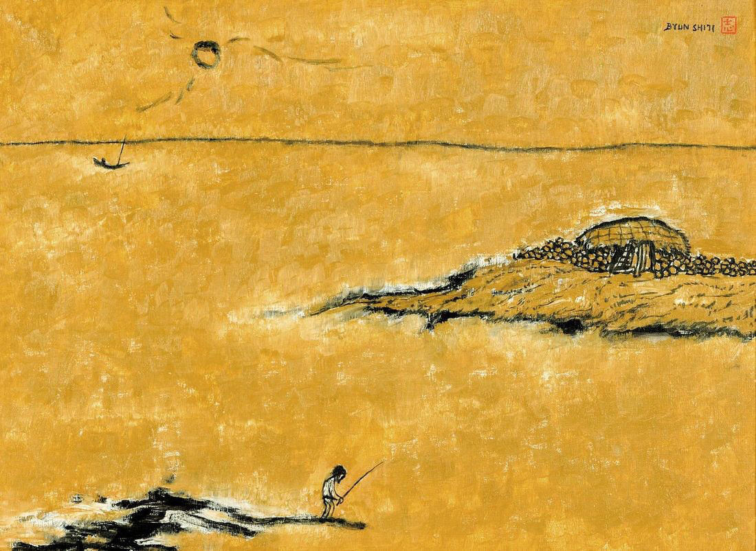 Byun Shi-Ji (변시지), Sea Village, 1982, painting from the early Jeju period, shaped by wind and dried-grass colour.
