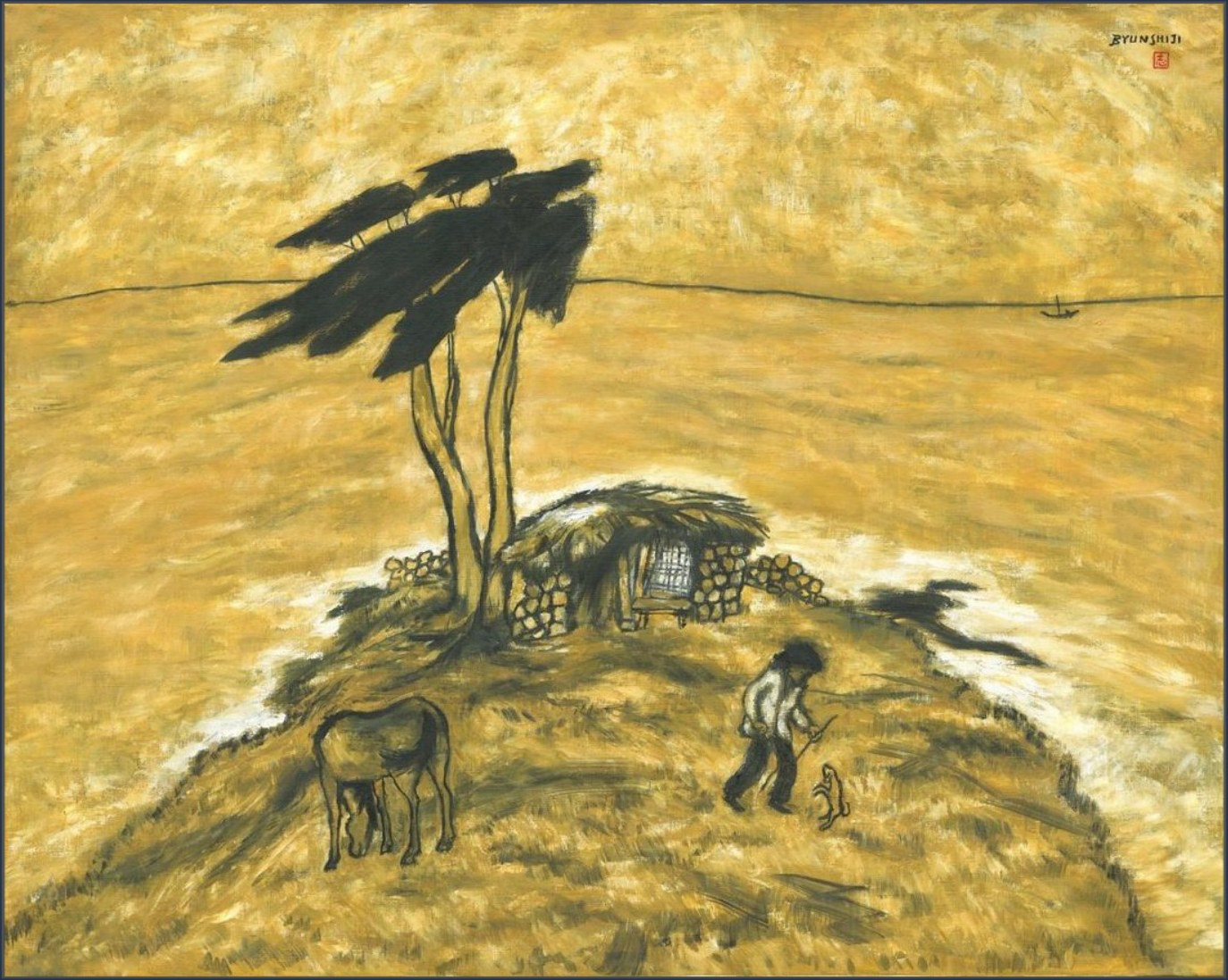 Byun Shi-Ji (변시지), The Sea of Jeju, 1992, painting from the middle Jeju period, shaped by wind and dried-grass colour.