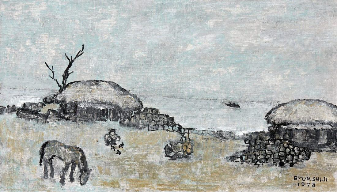Byun Shi-Ji (변시지), The Shore and the Pony, 1978, painting from the early Jeju period, shaped by wind and dried-grass colour.