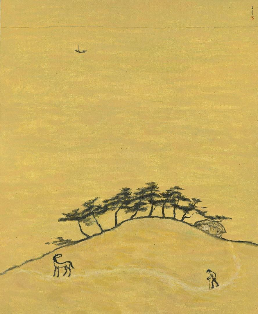 Byun Shi-Ji (변시지), Going On as It Is, 2006, painting from the late Jeju period, shaped by wind and dried-grass colour.