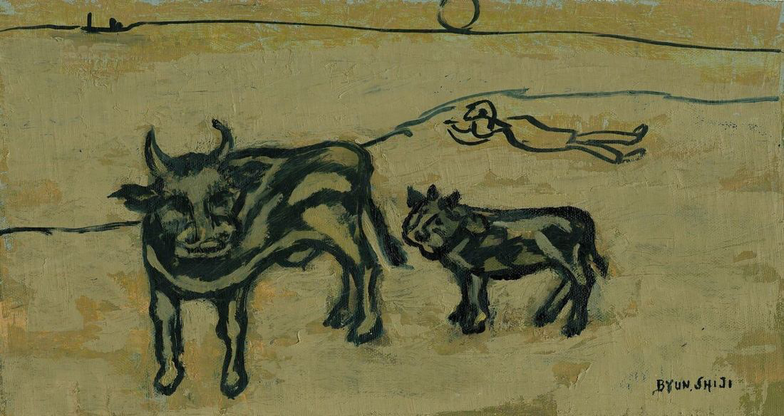 Byun Shi-Ji (변시지), The Cow and the Calf, 1978, painting from the early Jeju period, shaped by wind and dried-grass colour.