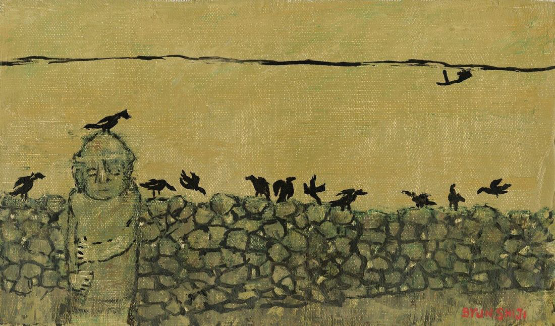 Byun Shi-Ji (변시지), Dol Hareubang and Crows, 1981, painting from the early Jeju period, shaped by wind and dried-grass colour.