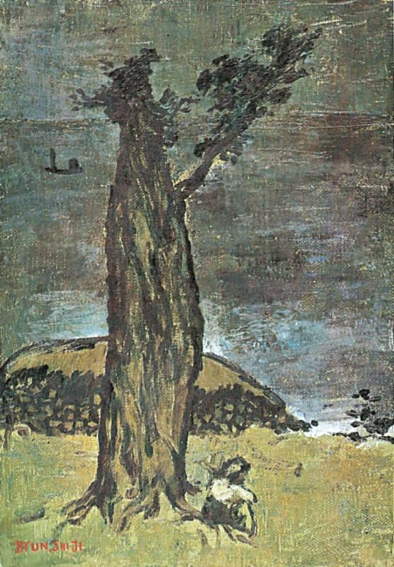 Byun Shi-Ji (변시지), The Old Tree, 1979, painting from the early Jeju period, shaped by wind and dried-grass colour.