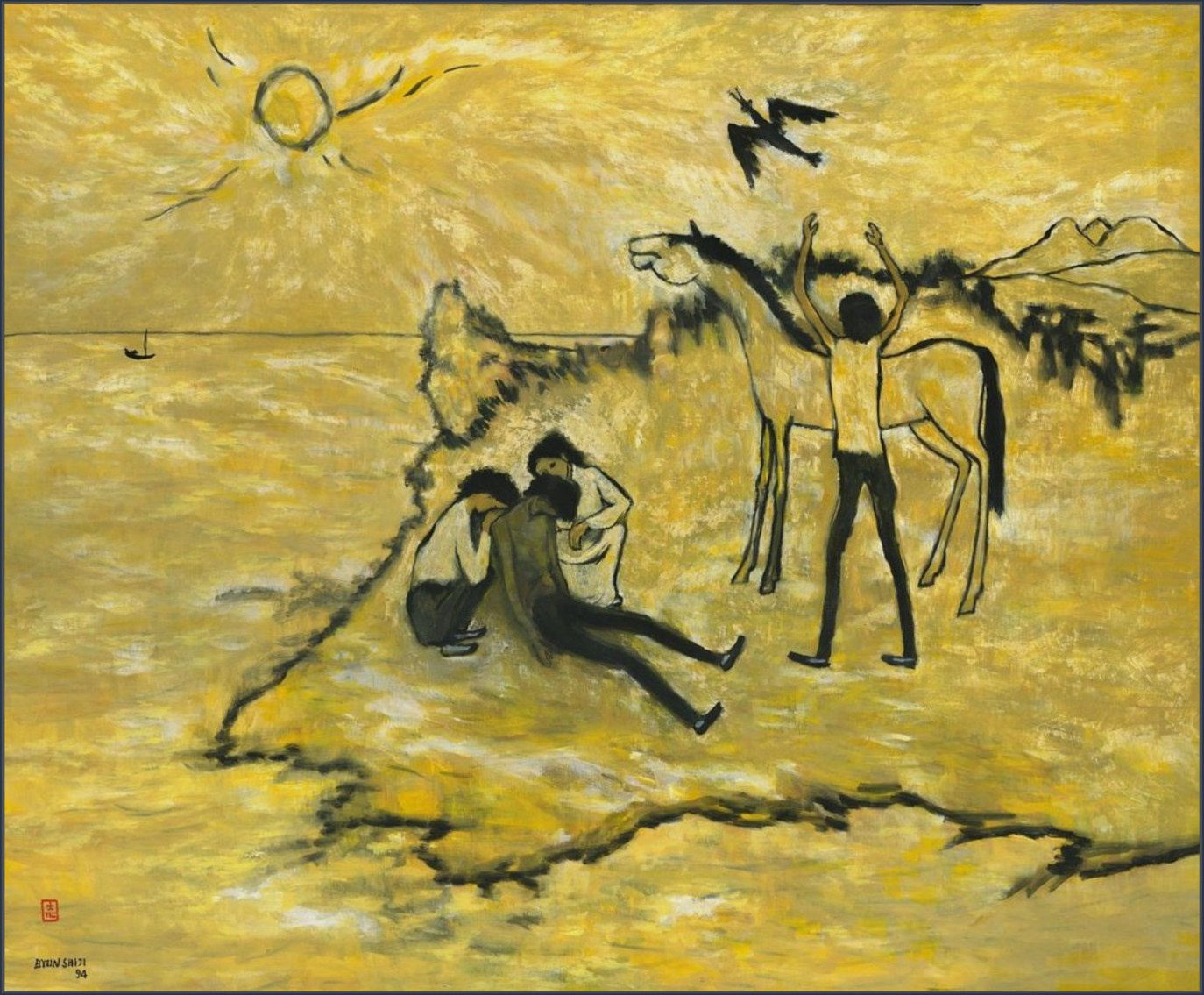 Byun Shi-Ji (변시지), Hope, Will, Peace, and Love, 1994, painting from the middle Jeju period, shaped by wind and dried-grass colour.