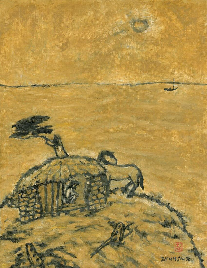 Byun Shi-Ji (변시지), Sinking into Time, 1986, painting from the middle Jeju period, shaped by wind and dried-grass colour.