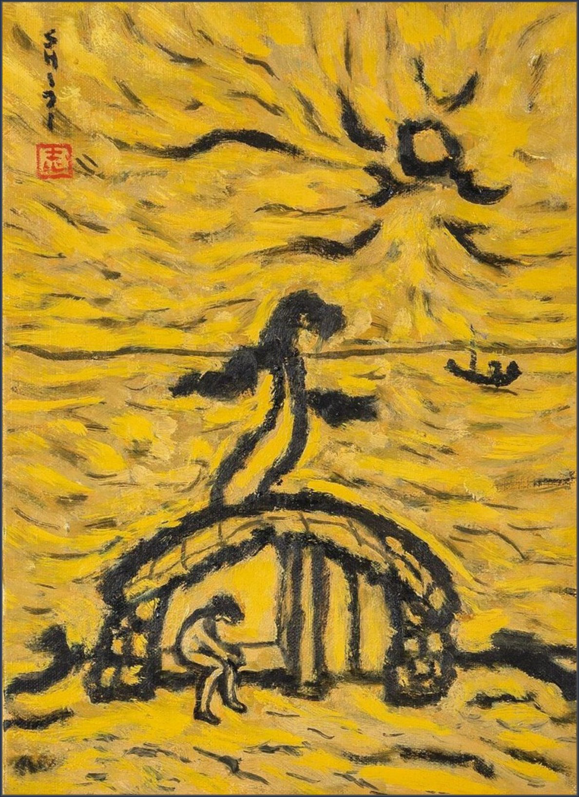 Byun Shi-Ji (변시지), The Solitude of Noon, 1996, painting from the late Jeju period, shaped by wind and dried-grass colour.