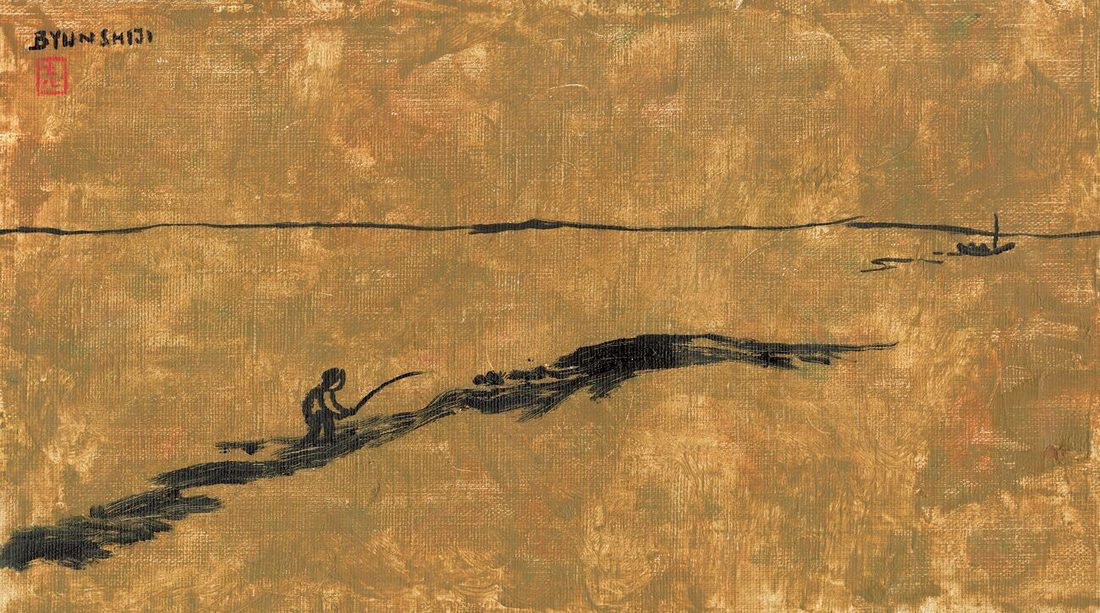 Byun Shi-Ji (변시지), A Long, Long Longing, 1981, painting from the early Jeju period, shaped by wind and dried-grass colour.