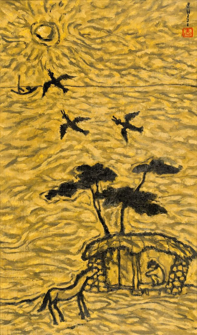 Byun Shi-Ji (변시지), Longing, 1996, painting from the late Jeju period, shaped by wind and dried-grass colour.