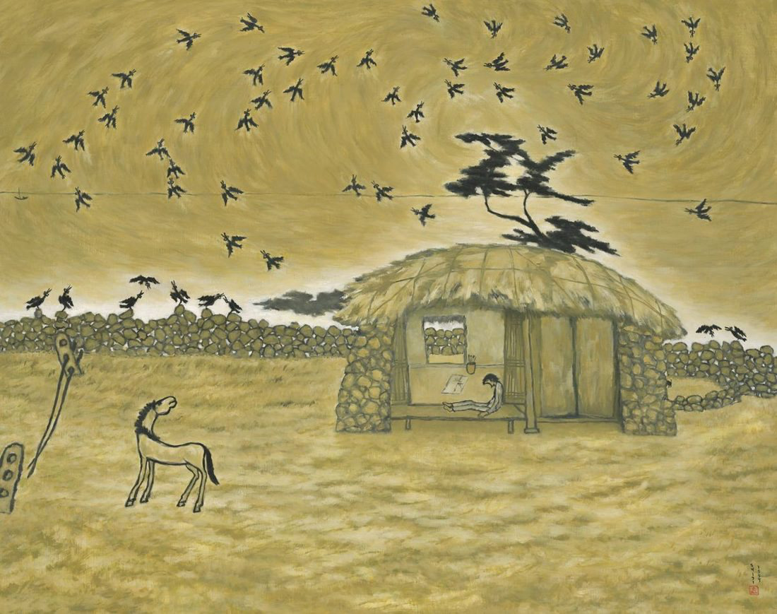 Byun Shi-Ji (변시지), Wild Dance, 1997, painting from the late Jeju period, shaped by wind and dried-grass colour.