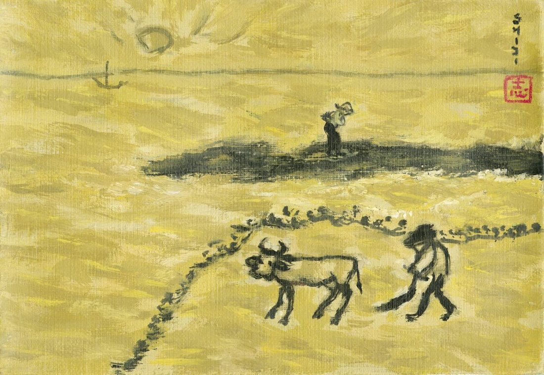 Byun Shi-Ji (변시지), A Day, 2004, painting from the late Jeju period, shaped by wind and dried-grass colour.