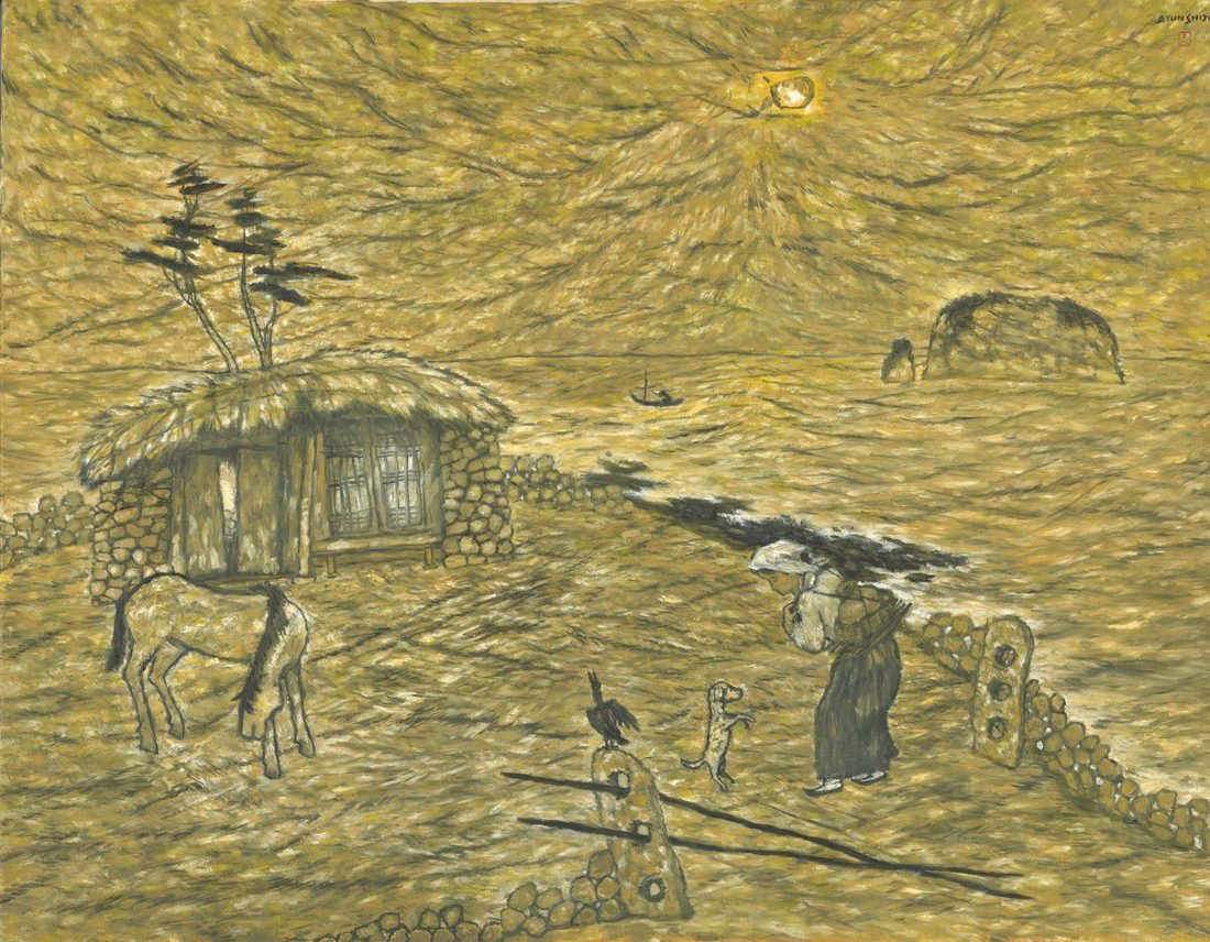 Byun Shi-Ji (변시지), The Way Home, 1990, painting from the middle Jeju period, shaped by wind and dried-grass colour.
