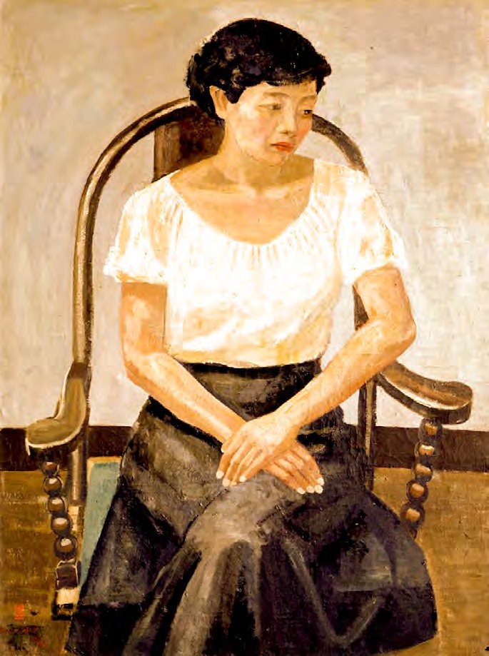 네모의 상 / Portrait of Nemo · 1951. 흰 블라우스와 짙은 치마를 입고 나무 의자에 앉아 두 손을 포갠 여인. / A woman in a white blouse and dark skirt sits in a wooden chair with her hands overlapping.