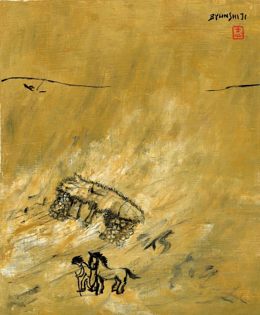 풍랑 / Stormy Seas · 1983. 비스듬한 밝은 획들 아래 가까이 선 사람과 말, 뒤쪽의 작은 집. / A person and pony close together beneath diagonal light strokes, with a small house behind.